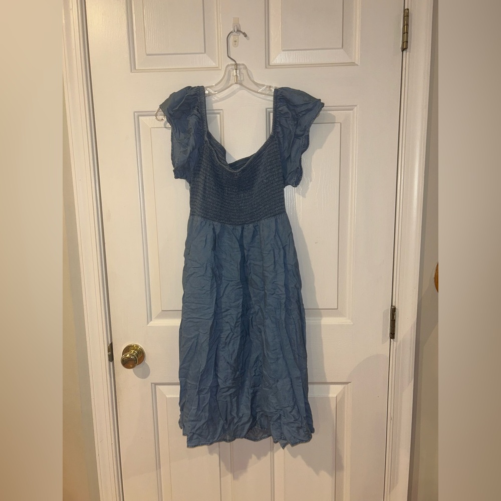 Blue Chambray Off-Shoulder Smocked Skater Dress - Picture 5 of 5